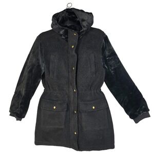 Eden Society Womens Black Sherpa Faux Fur Hooded Parka Jacket Small EJ20151 NWOT